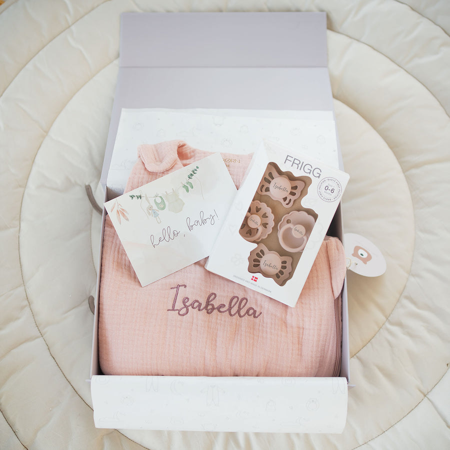 JBØRN Organic Cotton Muslin Sleep Bag & First Pacifiers Gift Set Blush Frigg First Pacifiers No - Personalisable Baby Products Sold and Personalised by JustBørn