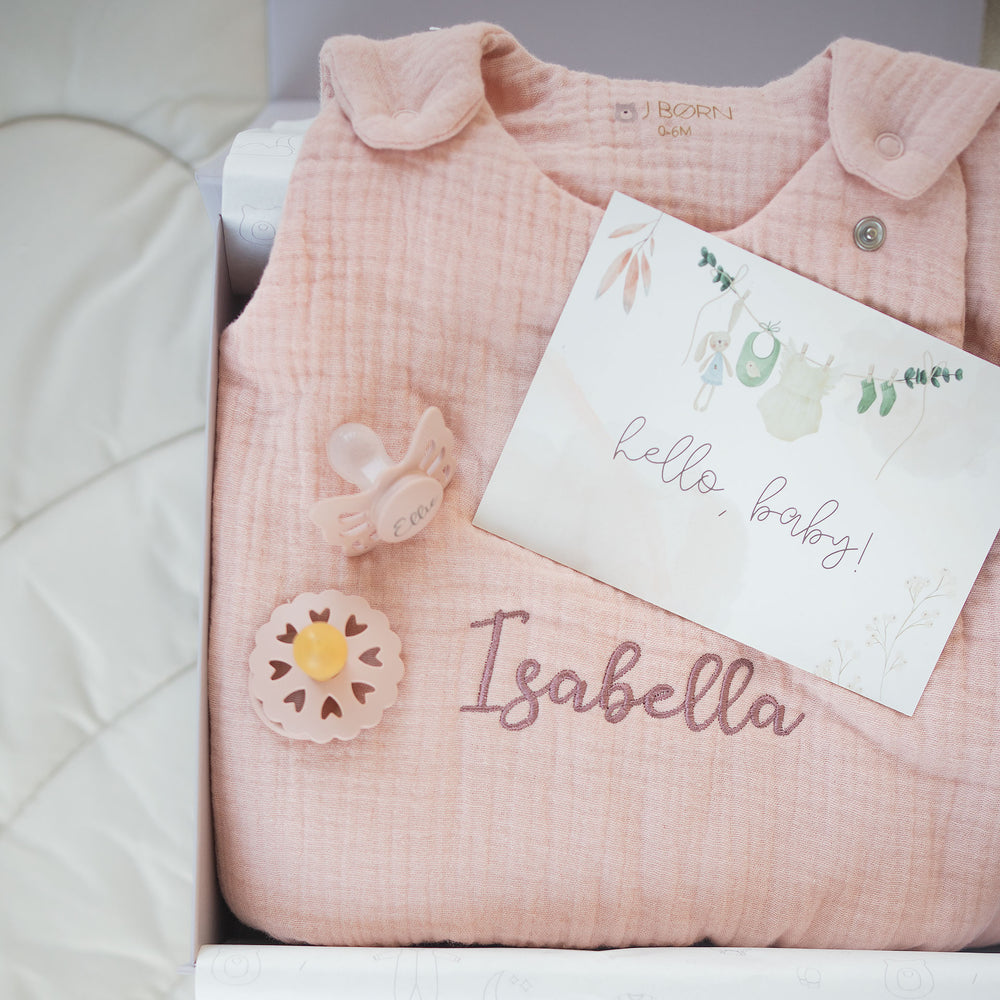 JBØRN Organic Cotton Muslin Sleep Bag & First Pacifiers Gift Set - Personalisable Baby Products Sold and Personalised by JustBørn