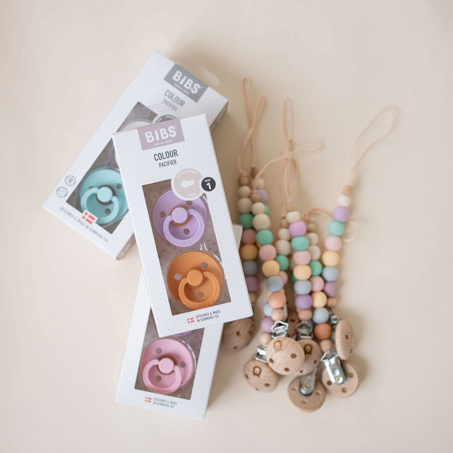 Pack of 2 BIBS Colour Latex Pacifiers & Rainbow Pacifier Clip | Size 1 & 2 - Personalisable Baby Products Sold and Personalised by JustBørn