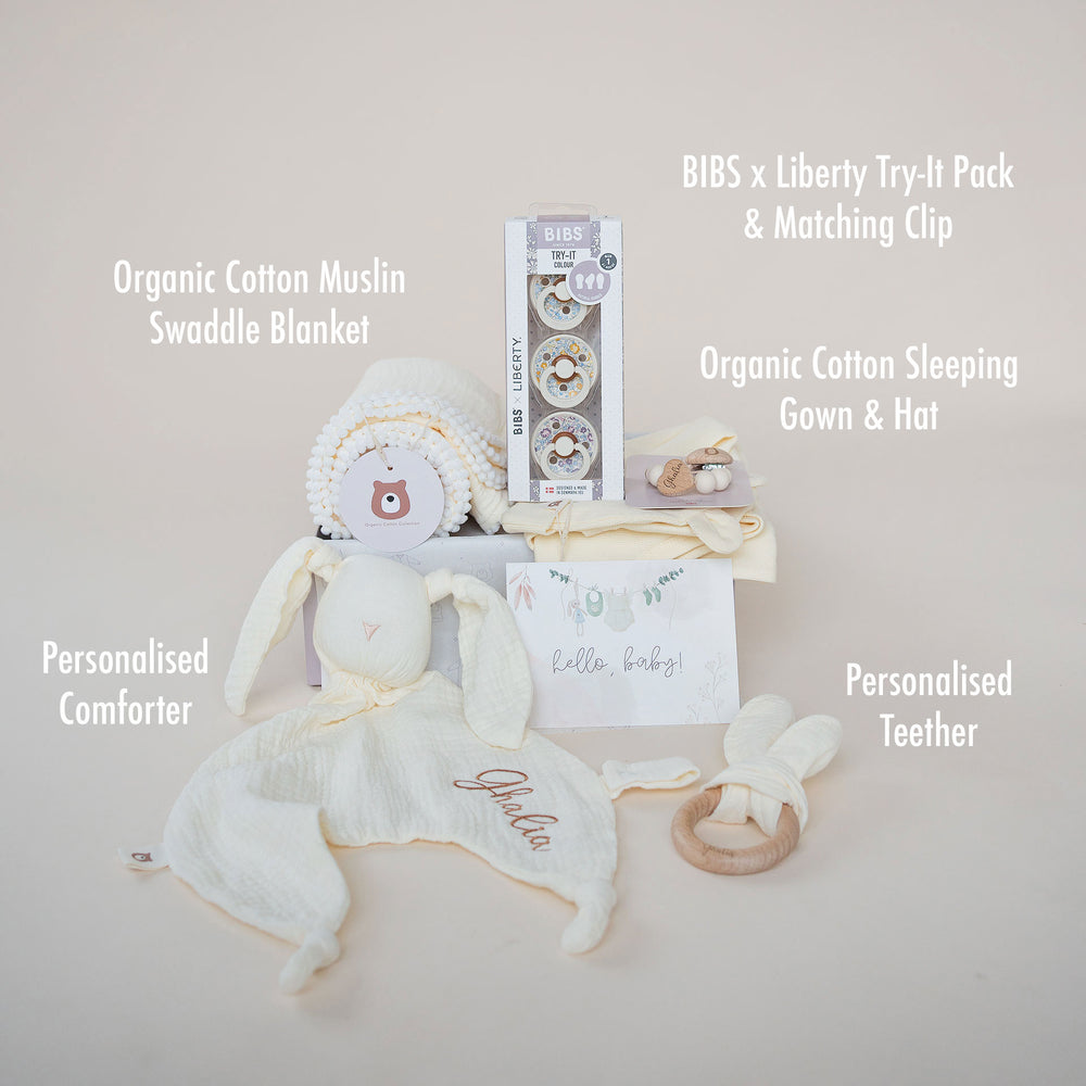 JBØRN Newborn Welcome Gift Set | Organic Cotton Sleeping Gown, Muslin Blankets, BIBS x Liberty Try-it Pacifiers & Clip - Personalisable Baby Products Sold and Personalised by JustBørn