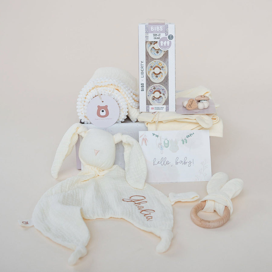 JBØRN Newborn Welcome Gift Set | Organic Cotton Sleeping Gown, Muslin Blankets, BIBS x Liberty Try-it Pacifiers & Clip Yes - Personalisable Baby Products Sold and Personalised by JustBørn