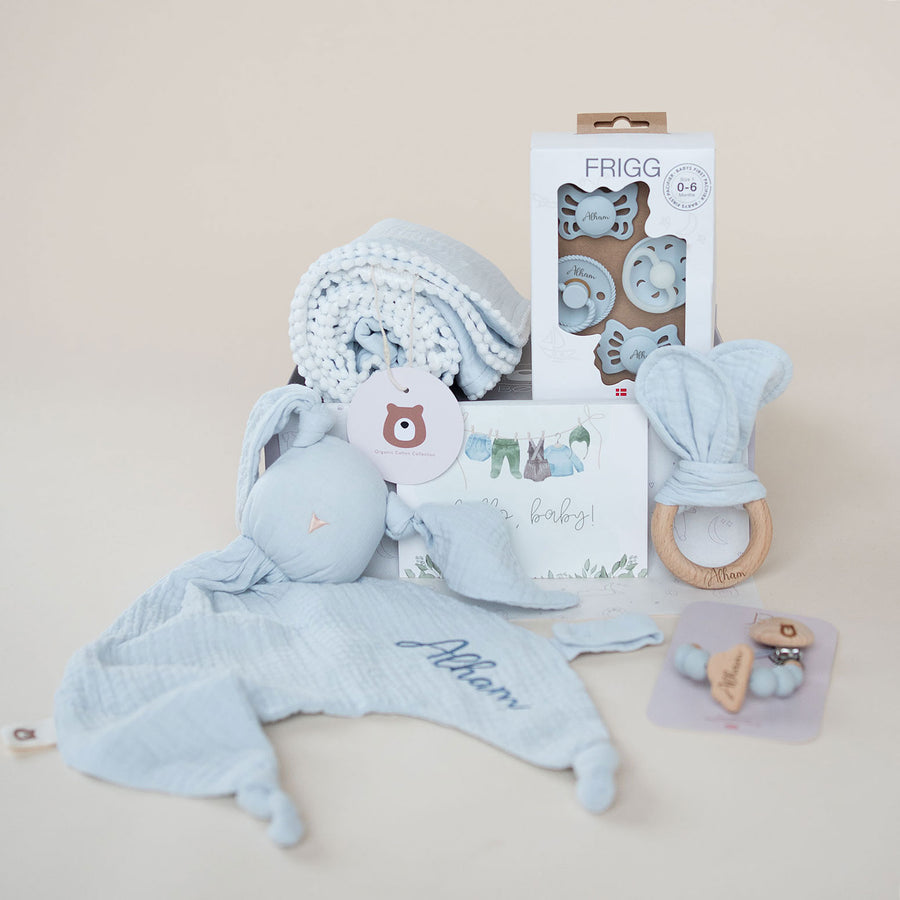 JBØRN Luxury Newborn Muslin Gift Set Powder Blue - Personalisable Baby Products Sold and Personalised by JustBørn