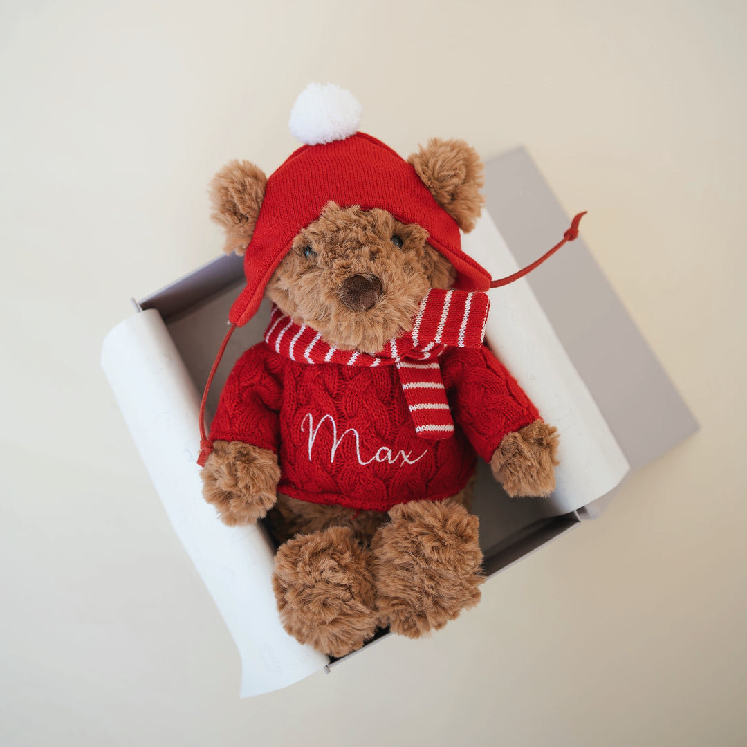 JBØRN Christmas Teddy Bear Soft Toy with Personalised Festive Outfit Add Gift Box Yes - Personalisable Baby Products Sold and Personalised by JustBørn