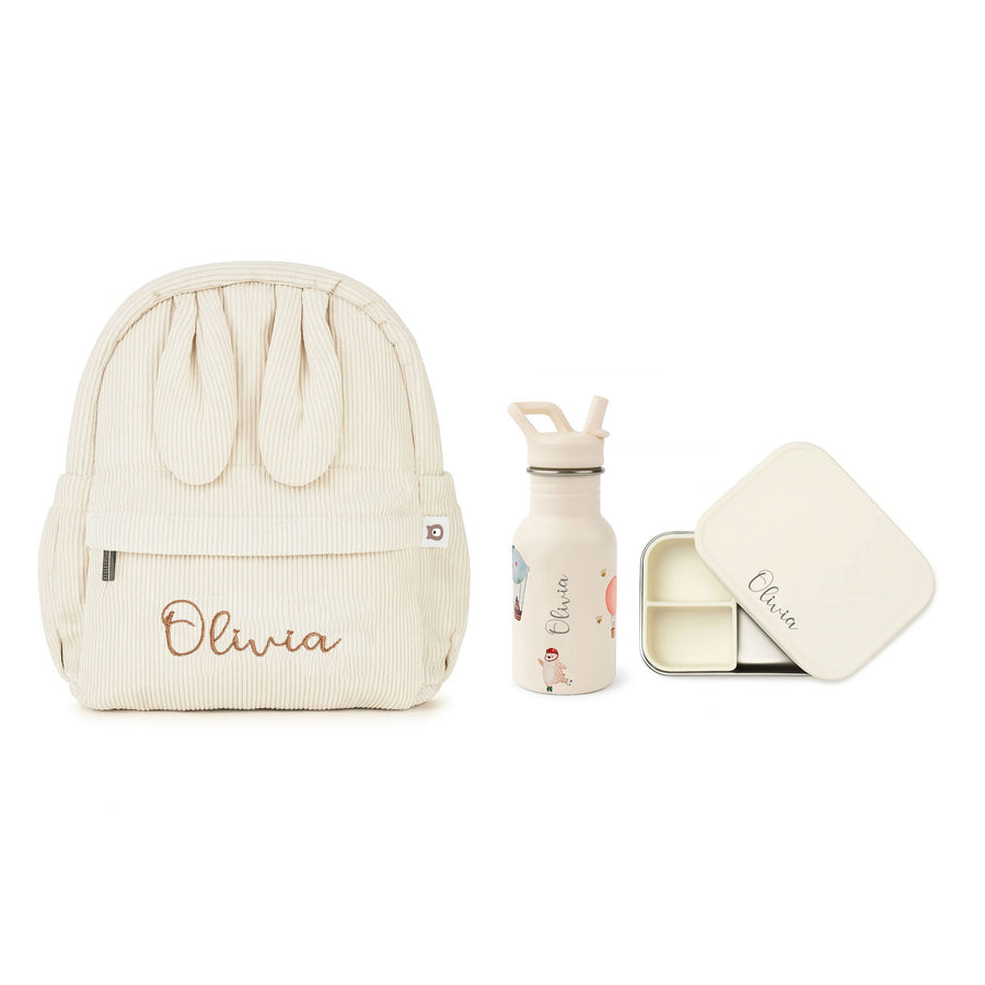 JBØRN Personalised Backpack, Water Bottle & Lunch Box Set Ivory No Gift Box - Personalisable Baby Products Sold and Personalised by JustBørn