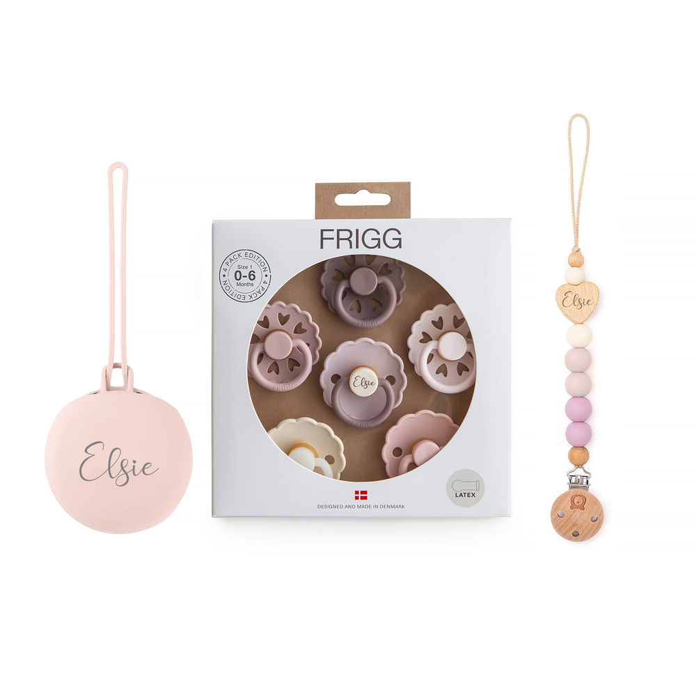 FRIGG Daisy Pack of 6 Natural Rubber Latex Pacifiers + Matching Holders Blooming Love - Personalisable Baby Products Sold and Personalised by JustBørn