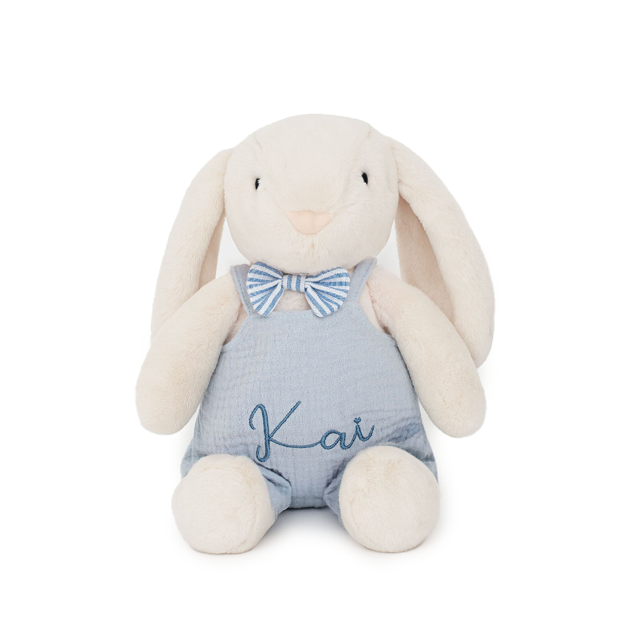JBØRN Cream Bunny Soft Toy with Personalised Outfit Cream Cuddle Bunny in Blue Dungarees - Personalisable Baby Products Sold and Personalised by JustBørn