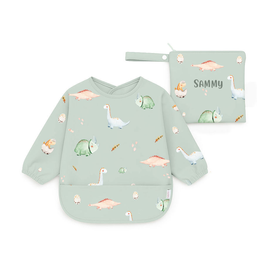 JBØRN Long Sleeve Baby Feeding Bib with Personalised Travel Bag Dinosaurs Yes - Personalisable Baby Products Sold and Personalised by JustBørn
