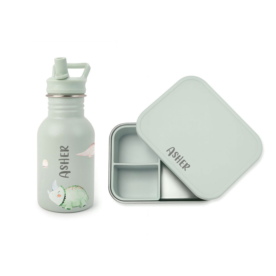 JBØRN Personalised Water Bottle & Lunch Box Set Dinosaurs No Gift Box - Personalisable Baby Products Sold and Personalised by JustBørn