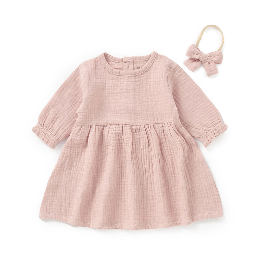 JBØRN Organic Cotton Muslin Baby Girl Dress and Bow Blush Muslin - Personalisable Baby Products Sold and Personalised by JustBørn