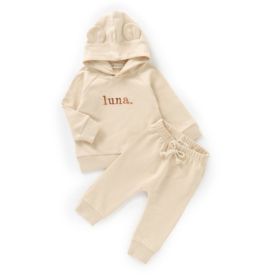 JBØRN Organic Cotton Baby Teddy Ears Hoodie & Joggers Set | Personalisable Cream - Personalisable Baby Products Sold and Personalised by JustBørn