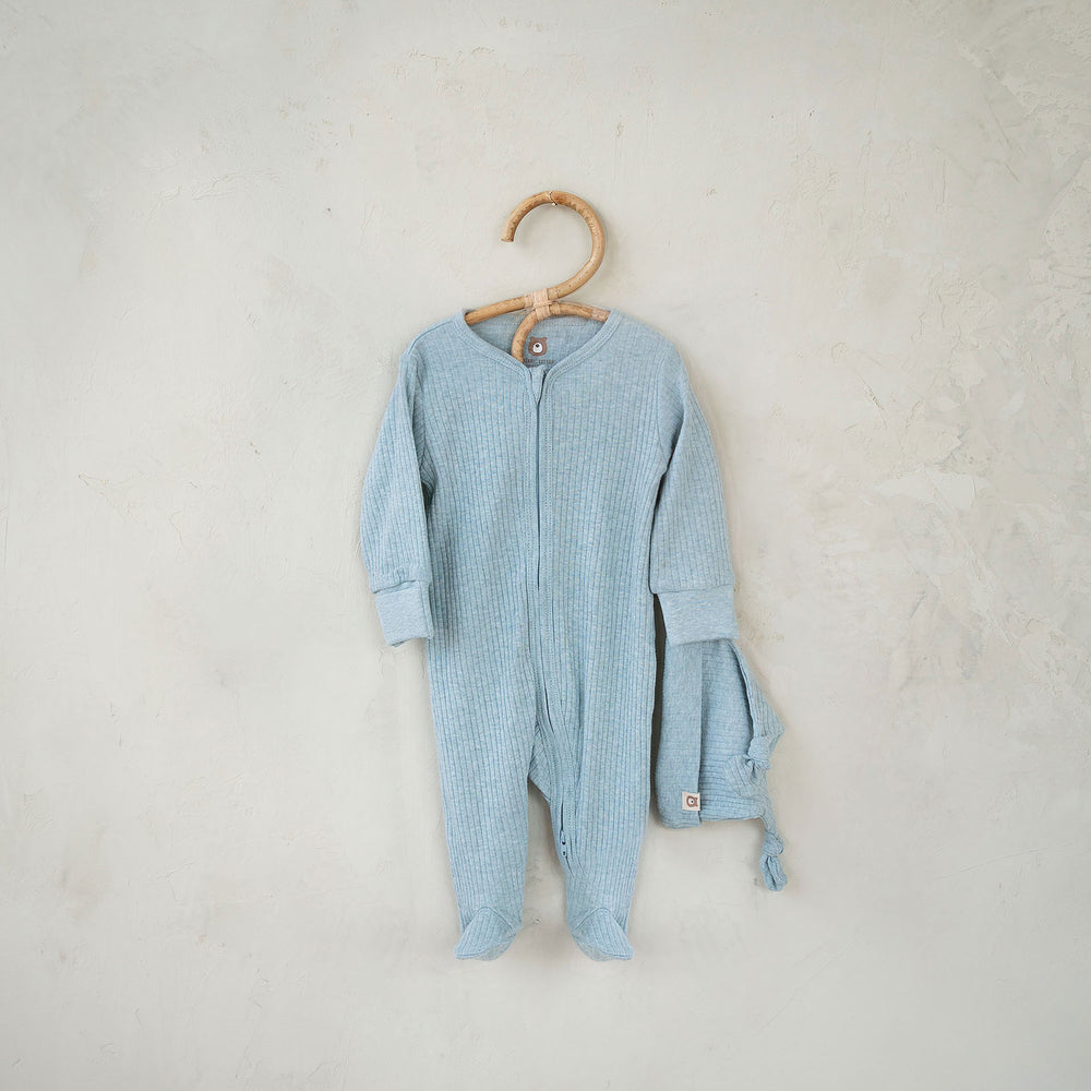 JBØRN Organic Cotton Ribbed Lightweight Sleep Suit and Hat 0-3 months Ribbed Stone Blue - Personalisable Baby Products Sold and Personalised by JustBørn