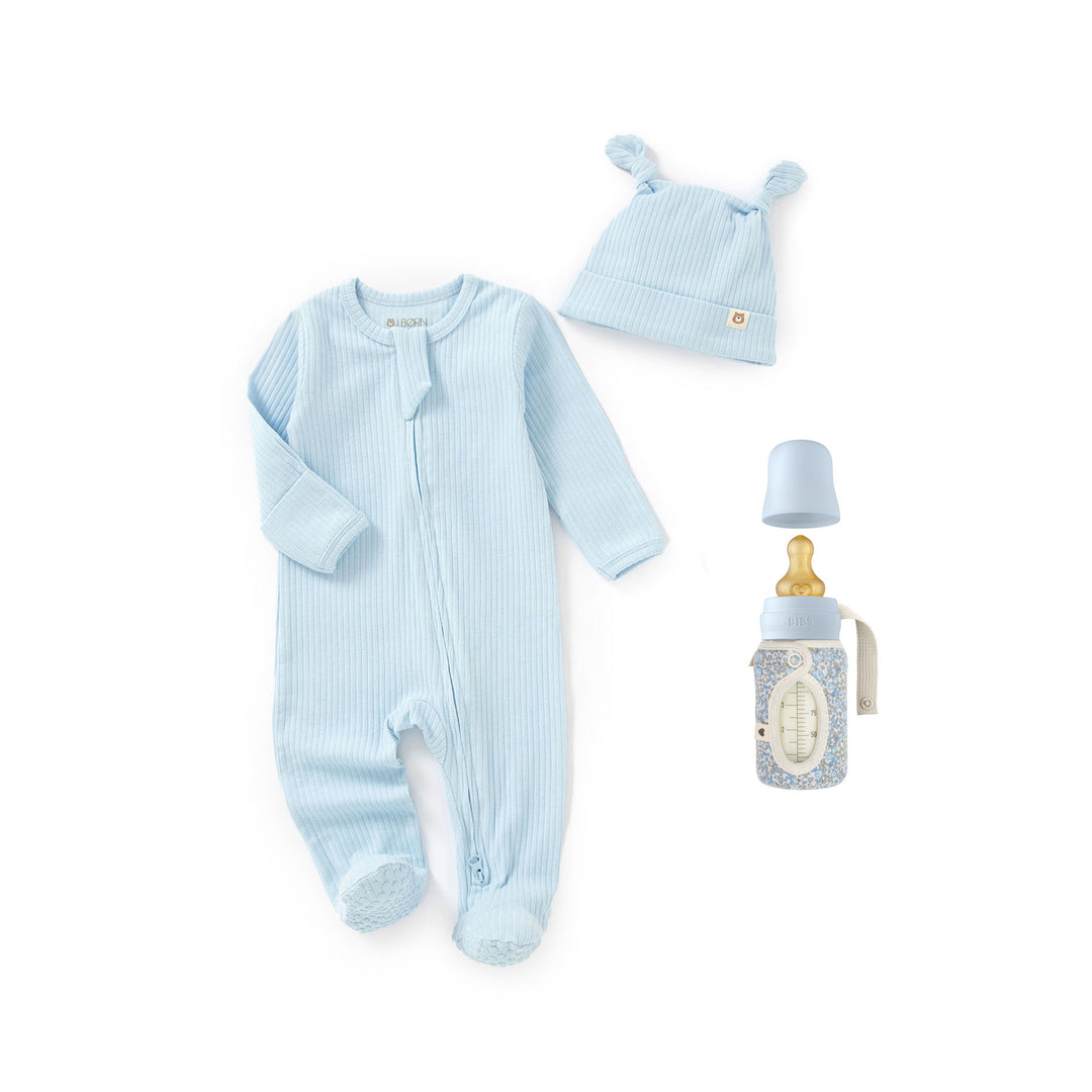 JBØRN x BIBS Baby Shower Gift Set | Organic Cotton Sleepsuit & Matching Baby Bottle Baby Blue - Personalisable Baby Products Sold and Personalised by JustBørn