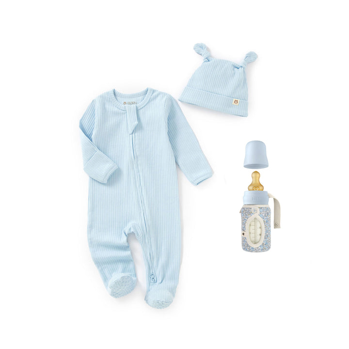 JBØRN x BIBS Baby Shower Gift Set | Organic Cotton Sleepsuit & Matching Baby Bottle Baby Blue - Personalisable Baby Products Sold and Personalised by JustBørn