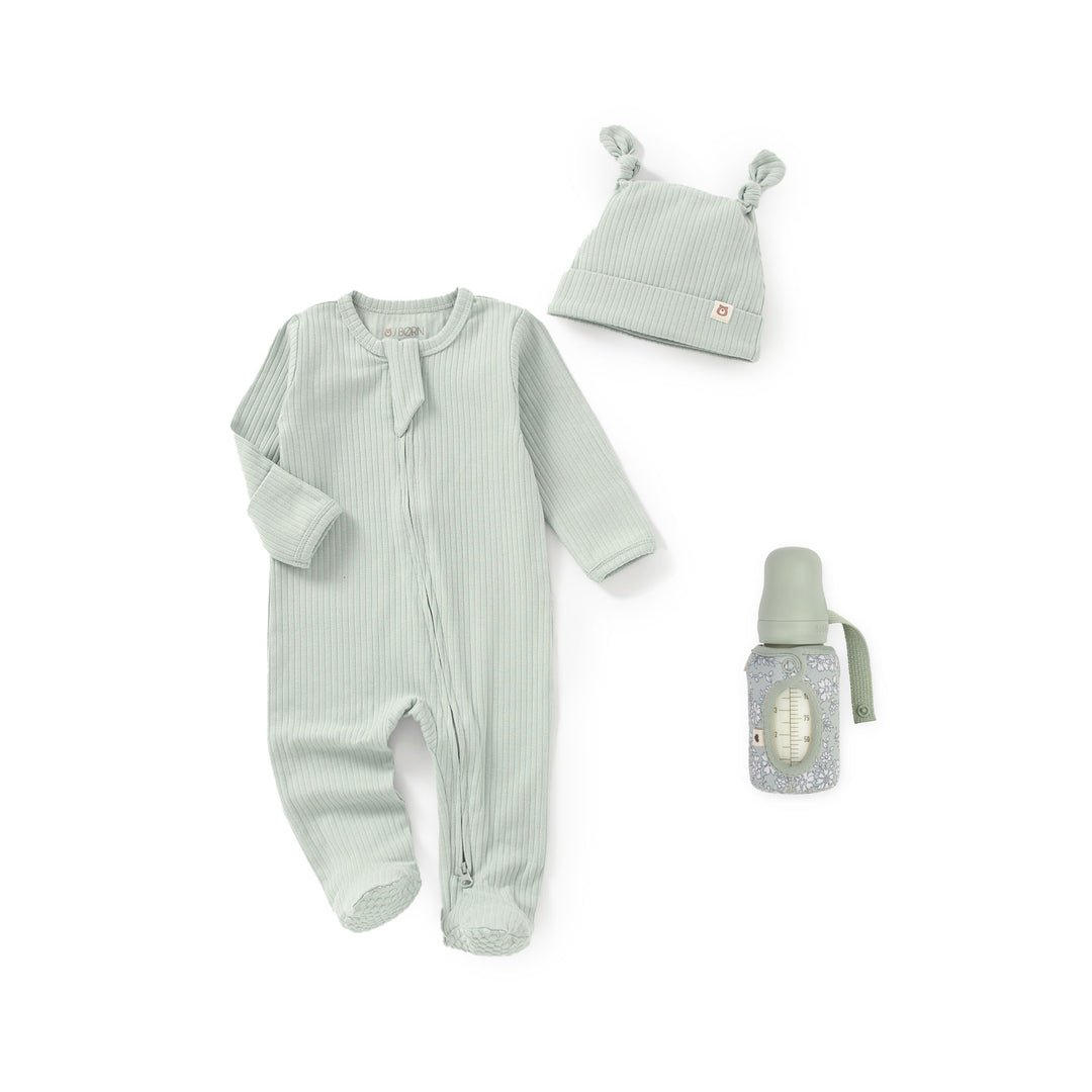 JBØRN x BIBS Baby Shower Gift Set | Organic Cotton Sleepsuit & Matching Baby Bottle Sage - Personalisable Baby Products Sold and Personalised by JustBørn