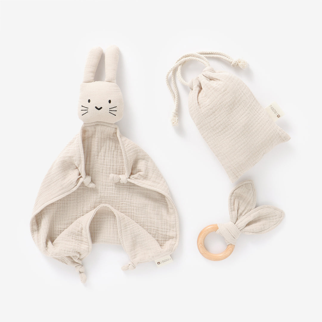 JBØRN Organic Cotton Bunny Comforter & Teether Set Sandstone Muslin - Personalisable Baby Products Sold and Personalised by JustBørn