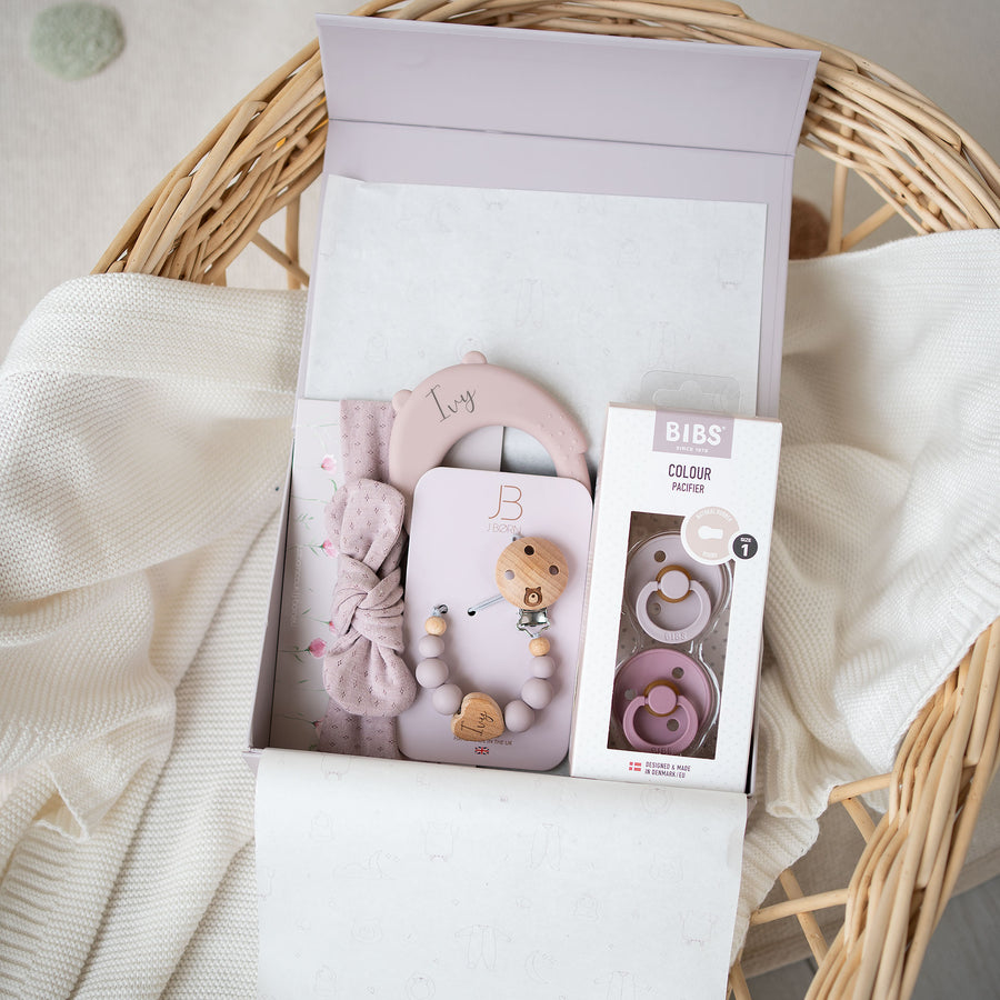JBØRN Baby Girl Accessories Gift Set | BIBS Pacifiers & Matching Clip, Headband & Personalised teether - Personalisable Baby Products Sold and Personalised by JustBørn