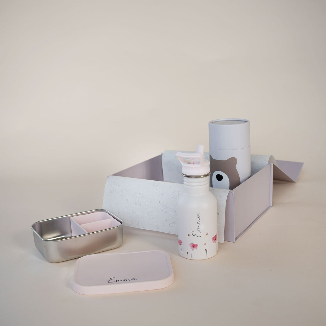 JBØRN Personalised Water Bottle & Lunch Box Set Poppy Flowers Add Gift Box - Personalisable Baby Products Sold and Personalised by JustBørn