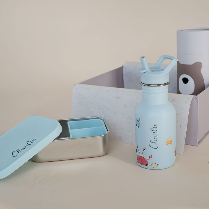 JBØRN Personalised Water Bottle & Lunch Box Set Ocean Add Gift Box - Personalisable Baby Products Sold and Personalised by JustBørn