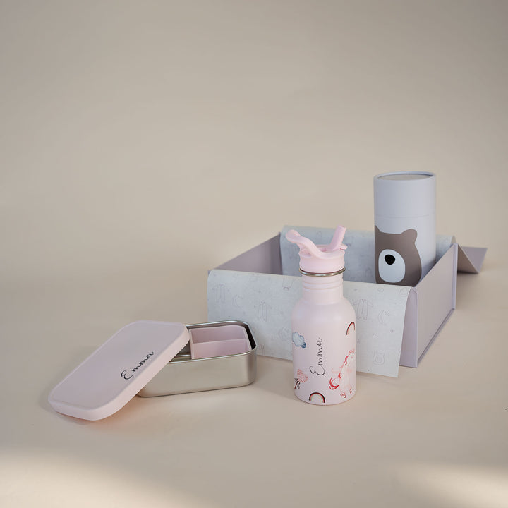 JBØRN Personalised Water Bottle & Lunch Box Set Unicorns Add Gift Box - Personalisable Baby Products Sold and Personalised by JustBørn