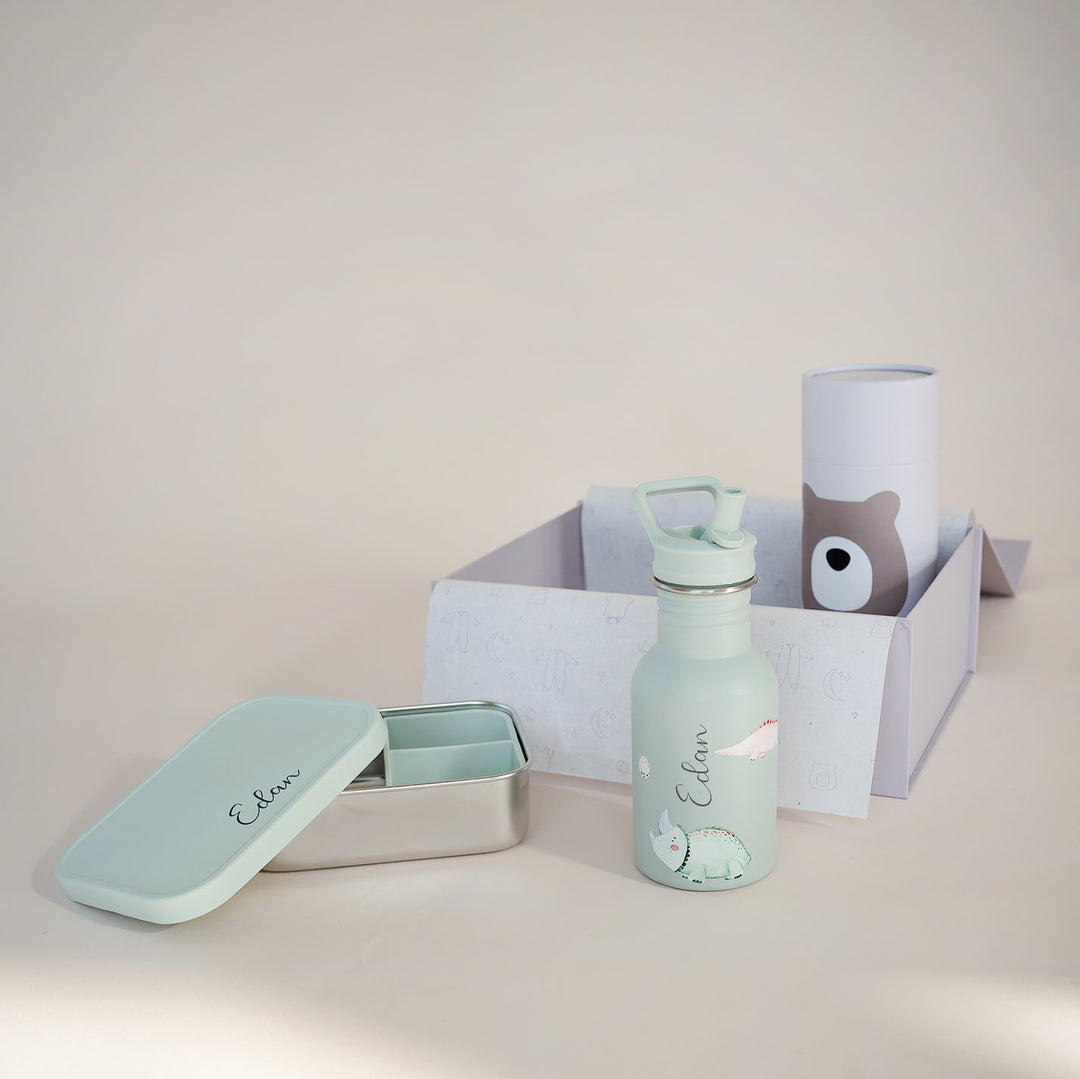 JBØRN Personalised Water Bottle & Lunch Box Set Dinosaurs Add Gift Box - Personalisable Baby Products Sold and Personalised by JustBørn