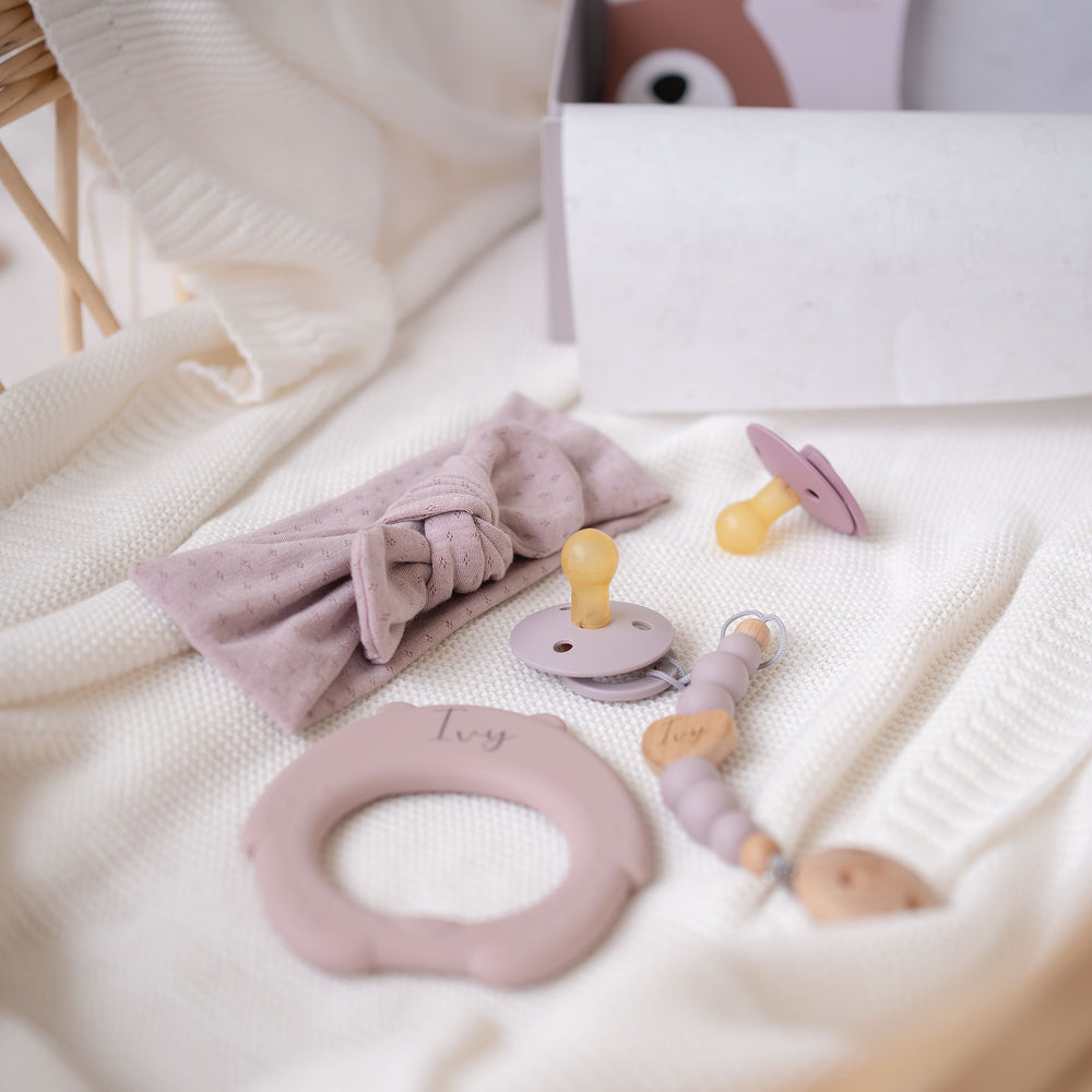 JBØRN Baby Girl Accessories Gift Set | BIBS Pacifiers & Matching Clip, Headband & Personalised teether - Personalisable Baby Products Sold and Personalised by JustBørn