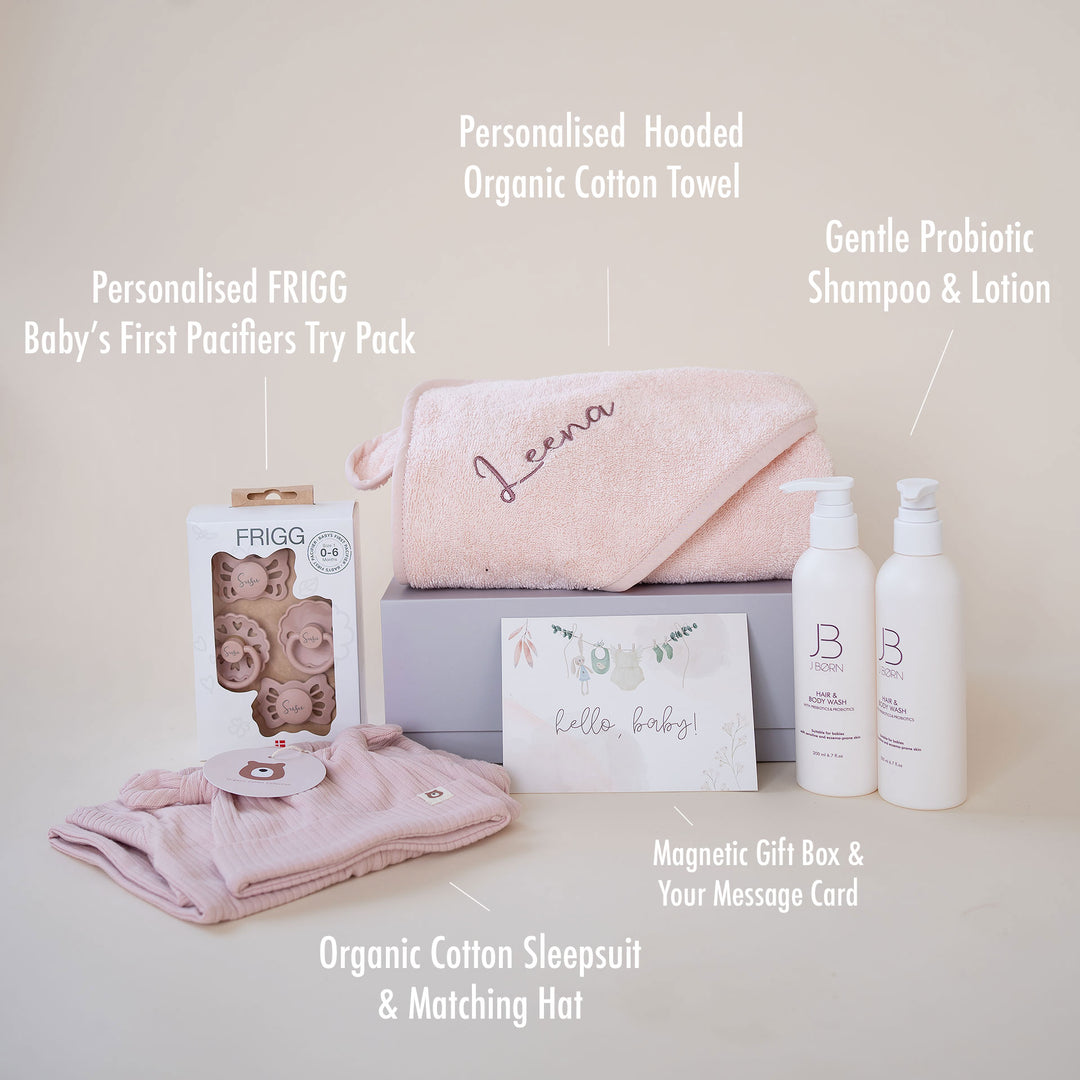 JBØRN Gift Set 0-3 Months | First Pacifiers, Organic Cotton Towel, Sleep Suit & Skin Care Set - Personalisable Baby Products Sold and Personalised by JustBørn