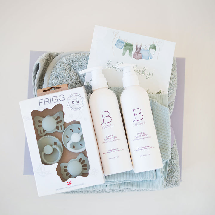 JBØRN Gift Set 0-3 Months | First Pacifiers, Organic Cotton Towel, Sleep Suit & Skin Care Set Sage - Personalisable Baby Products Sold and Personalised by JustBørn