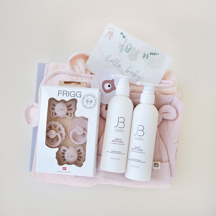JBØRN Gift Set 0-3 Months | First Pacifiers, Organic Cotton Towel, Sleep Suit & Skin Care Set Blossom Yes - Personalisable Baby Products Sold and Personalised by JustBørn