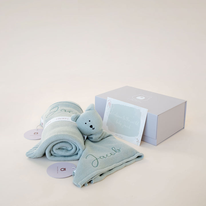 JBØRN Personalised Knitted Blanket & Comforter Gift Box Sage Blanket & Comforter - Personalisable Baby Products Sold and Personalised by JustBørn