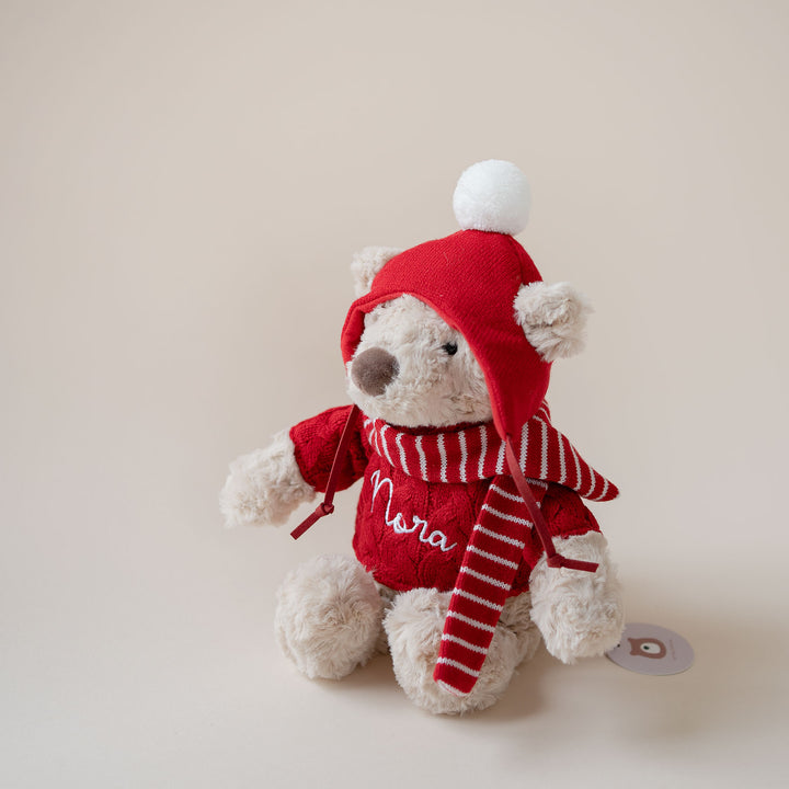 JBØRN Christmas Teddy Bear Soft Toy with Personalised Festive Outfit - Personalisable Baby Products Sold and Personalised by JustBørn