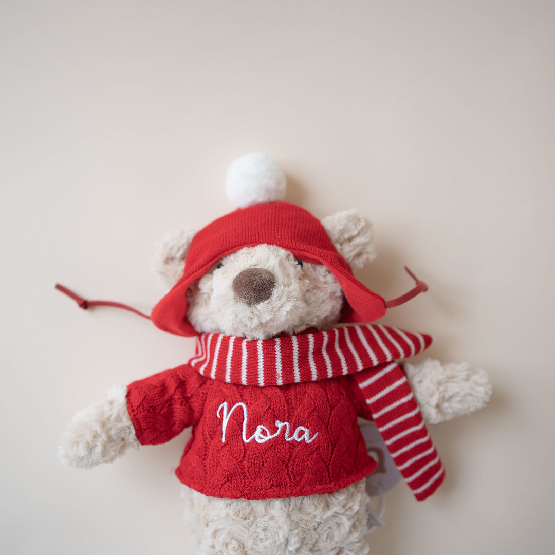 JBØRN Christmas Teddy Bear Soft Toy with Personalised Festive Outfit Beige Festive Bear - Personalisable Baby Products Sold and Personalised by JustBørn