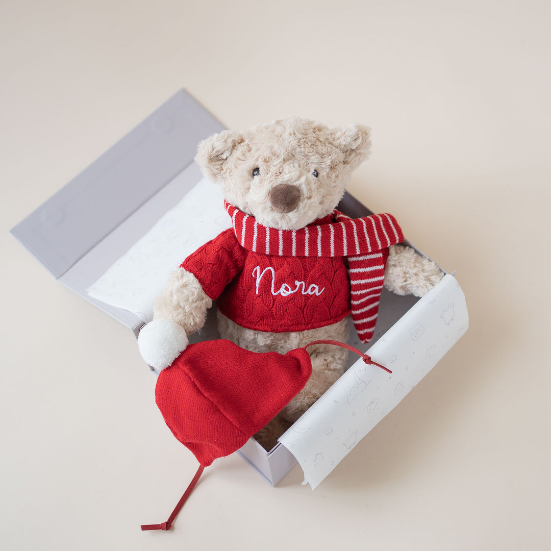 JBØRN Christmas Teddy Bear Soft Toy with Personalised Festive Outfit - Personalisable Baby Products Sold and Personalised by JustBørn