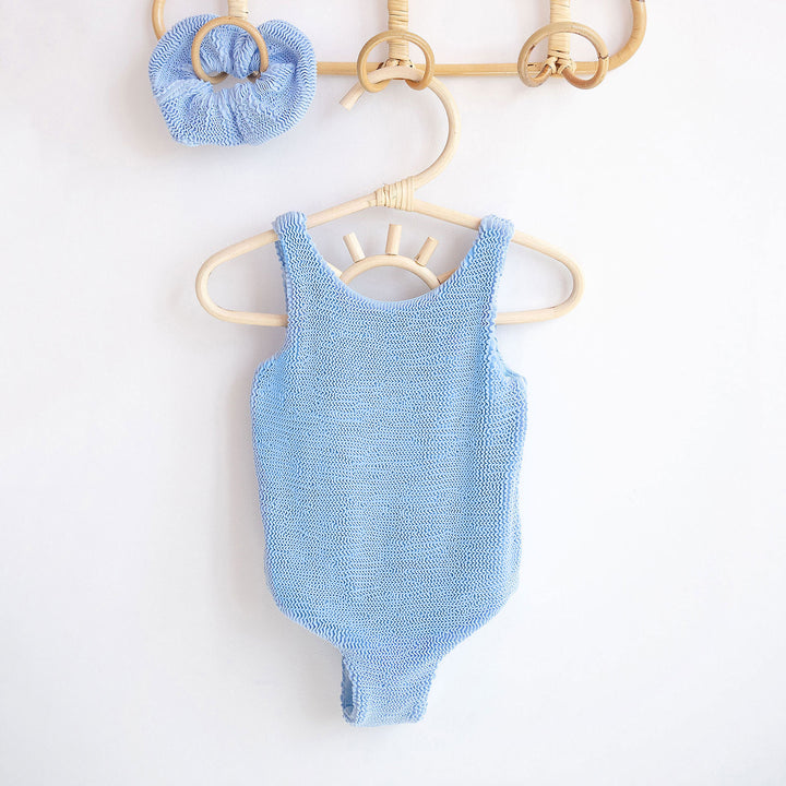 JBØRN Baby Girl Classic Crinkle Swimsuit & Scrunchie Crinkle Ocean Blue - Personalisable Baby Products Sold and Personalised by JustBørn