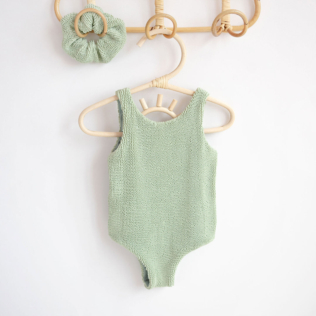 JBØRN Baby Girl Classic Crinkle Swimsuit & Scrunchie Crinkle Seafoam - Personalisable Baby Products Sold and Personalised by JustBørn