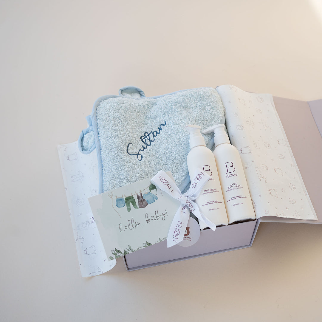 JBØRN Organic Cotton Towel & Skin Care Gift Set Baby Blue - Personalisable Baby Products Sold and Personalised by JustBørn