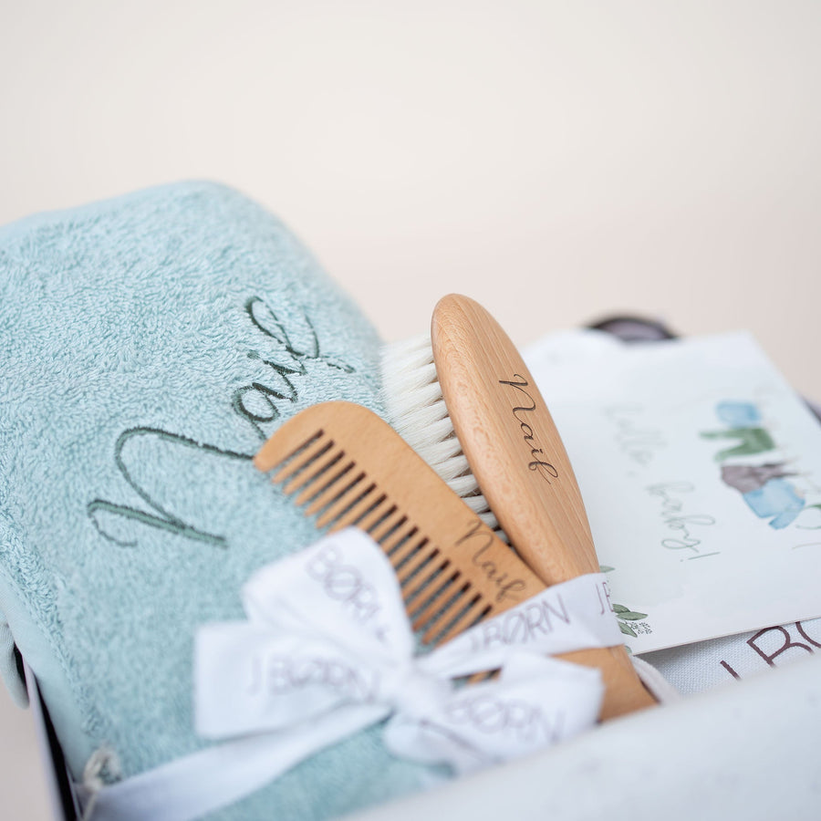 JBØRN Luxury Baby Bath Gift Set | Mint Hooded Towel, Hair Brushes & Skin Care Set - Personalisable Baby Products Sold and Personalised by JustBørn