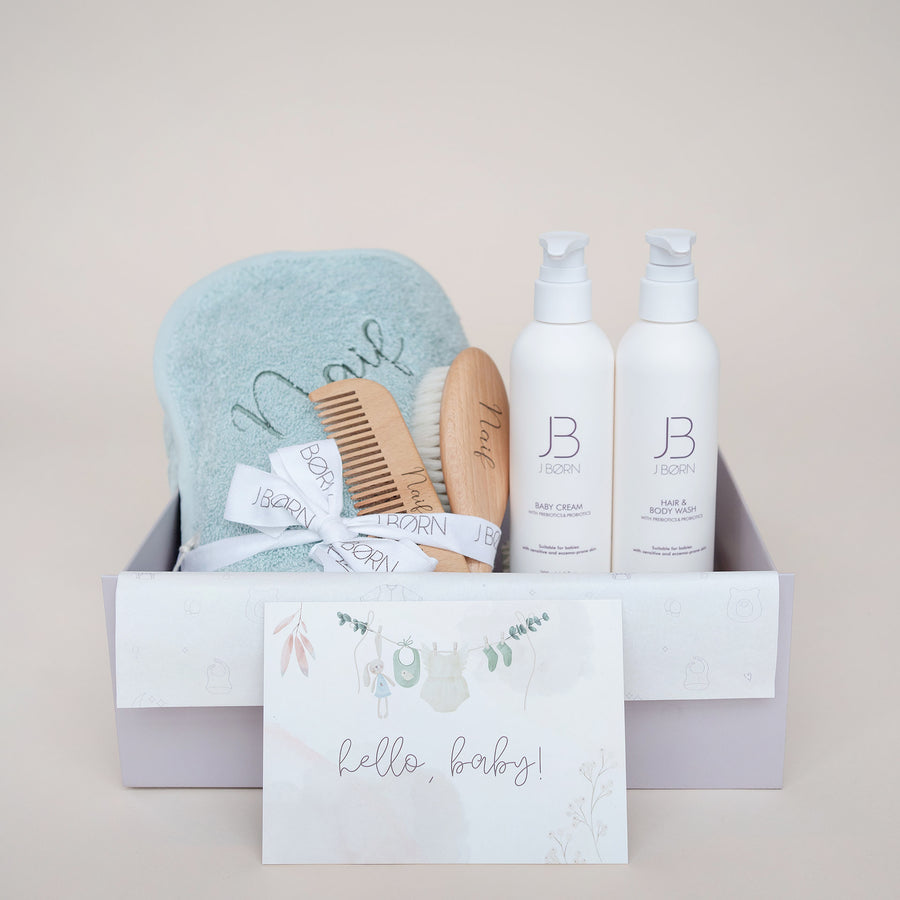 JBØRN Luxury Baby Bath Gift Set | Mint Hooded Towel, Hair Brushes & Skin Care Set - Personalisable Baby Products Sold and Personalised by JustBørn