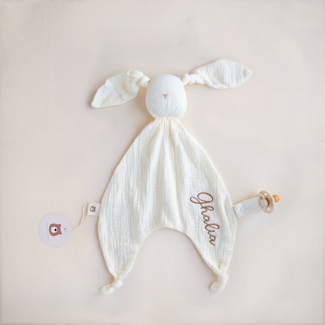 JBØRN Organic Cotton Bunny Comforter with Pacifier Loop Ivory Muslin - Personalisable Baby Products Sold and Personalised by JustBørn