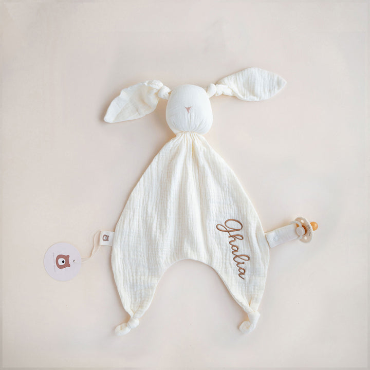 JBØRN Organic Cotton Bunny Comforter with Pacifier Loop Ivory Muslin - Personalisable Baby Products Sold and Personalised by JustBørn