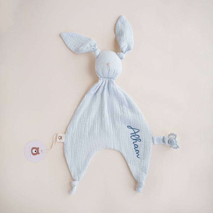 JBØRN Organic Cotton Bunny Comforter with Pacifier Loop Powder Blue Muslin - Personalisable Baby Products Sold and Personalised by JustBørn