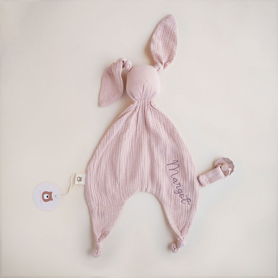 JBØRN Organic Cotton Bunny Comforter with Pacifier Loop Blush Muslin - Personalisable Baby Products Sold and Personalised by JustBørn