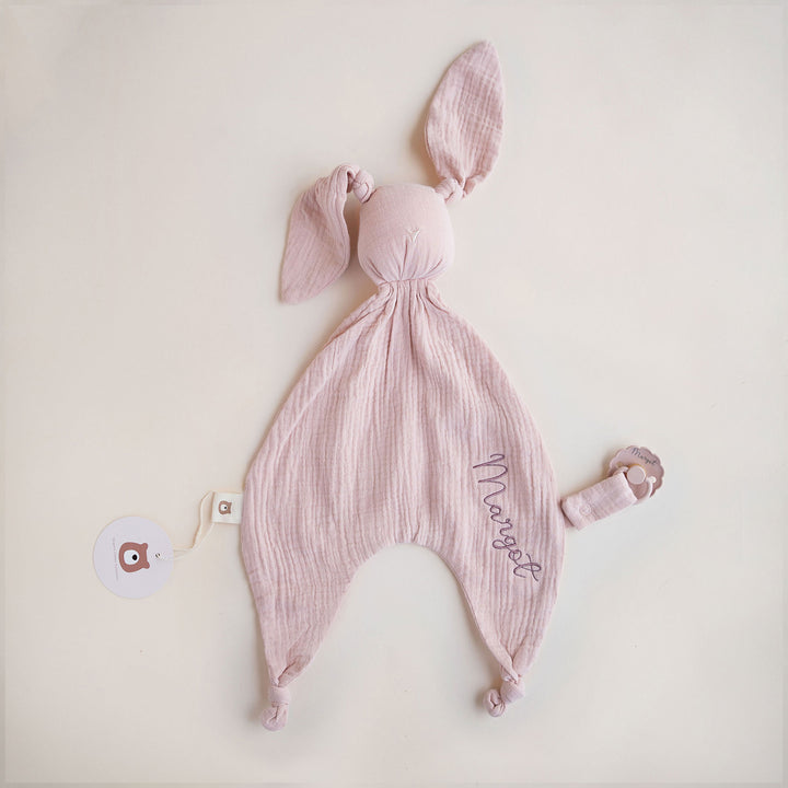 JBØRN Organic Cotton Bunny Comforter with Pacifier Loop Blush Muslin - Personalisable Baby Products Sold and Personalised by JustBørn