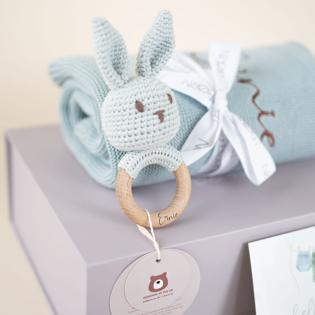 JBØRN - New Baby Gift - Knitted Blanket & Bunny Rattle Toy Duck Egg Yes - Personalisable Baby Products Sold and Personalised by JustBørn