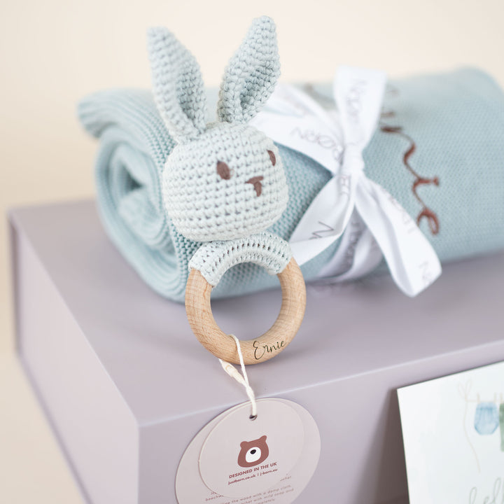 JBØRN - New Baby Gift - Knitted Blanket & Bunny Rattle Toy Duck Egg Yes - Personalisable Baby Products Sold and Personalised by JustBørn