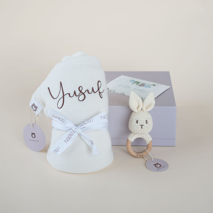 JBØRN - New Baby Gift - Knitted Blanket & Bunny Rattle Toy Ivory Yes - Personalisable Baby Products Sold and Personalised by JustBørn