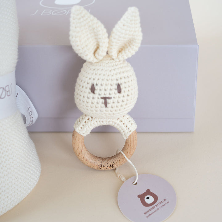JBØRN - New Baby Gift - Knitted Blanket & Bunny Rattle Toy - Personalisable Baby Products Sold and Personalised by JustBørn