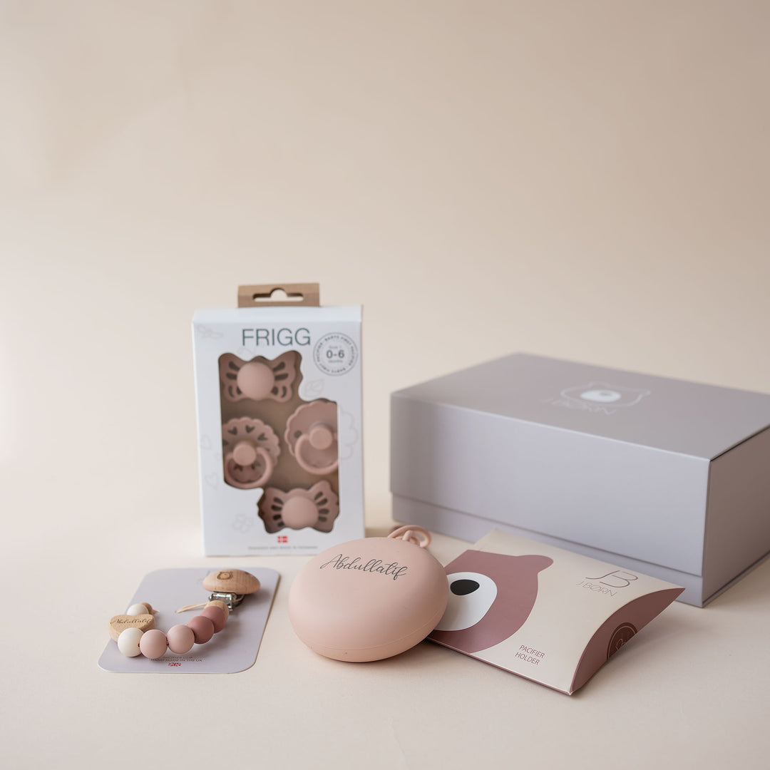 JBØRN X FRIGG First Pacifiers & Holders Baby Gift Set Blush - Personalisable Baby Products Sold and Personalised by JustBørn