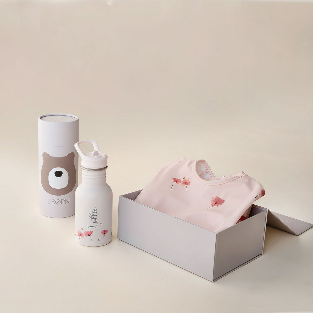 JBØRN First Birthday Gift | Personalised Water Bottle & Matching Sleeved Bib Poppy Flowers - Personalisable Baby Products Sold and Personalised by JustBørn