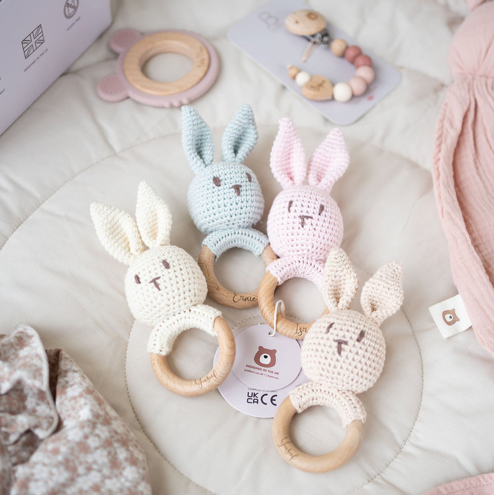 JBØRN Crochet Bunny Rattle Toy - Personalisable Baby Products Sold and Personalised by JustBørn