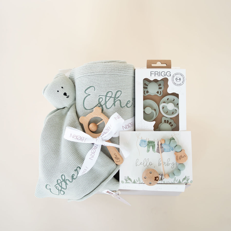 JBØRN Knitted Blanket Gift Box Bundle Sage - Personalisable Baby Products Sold and Personalised by JustBørn